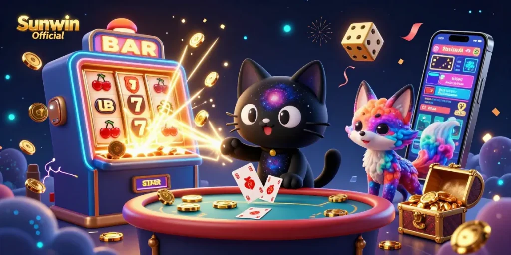 Experience thrilling wins at Sunwin Official with vibrant casino action featuring slot machines and animated characters.