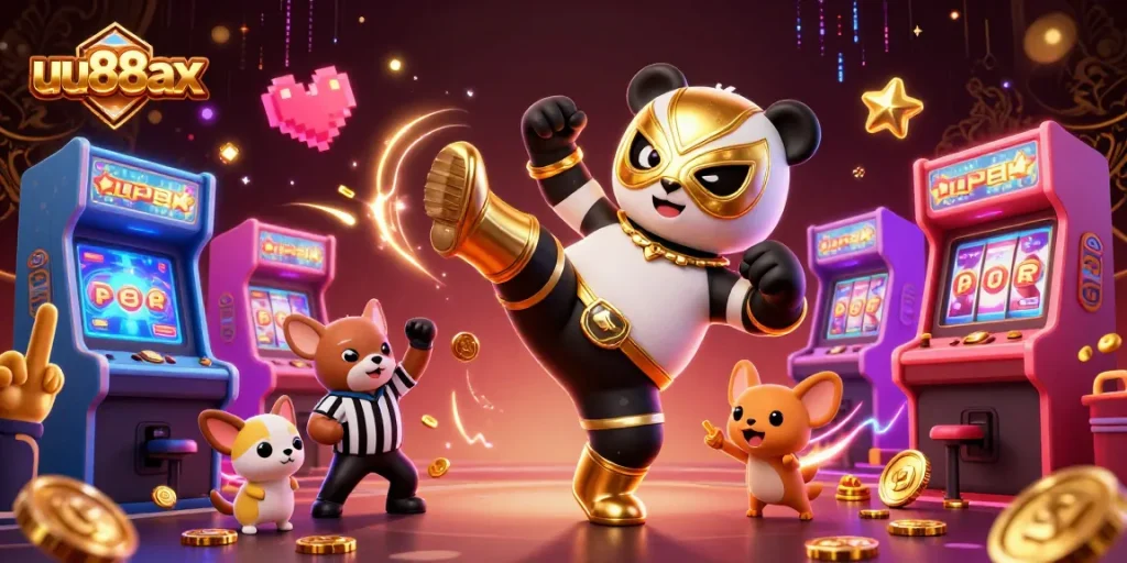 Experience the thrill of uu88ax with an electrifying panda wrestler in action among lively casino elements.