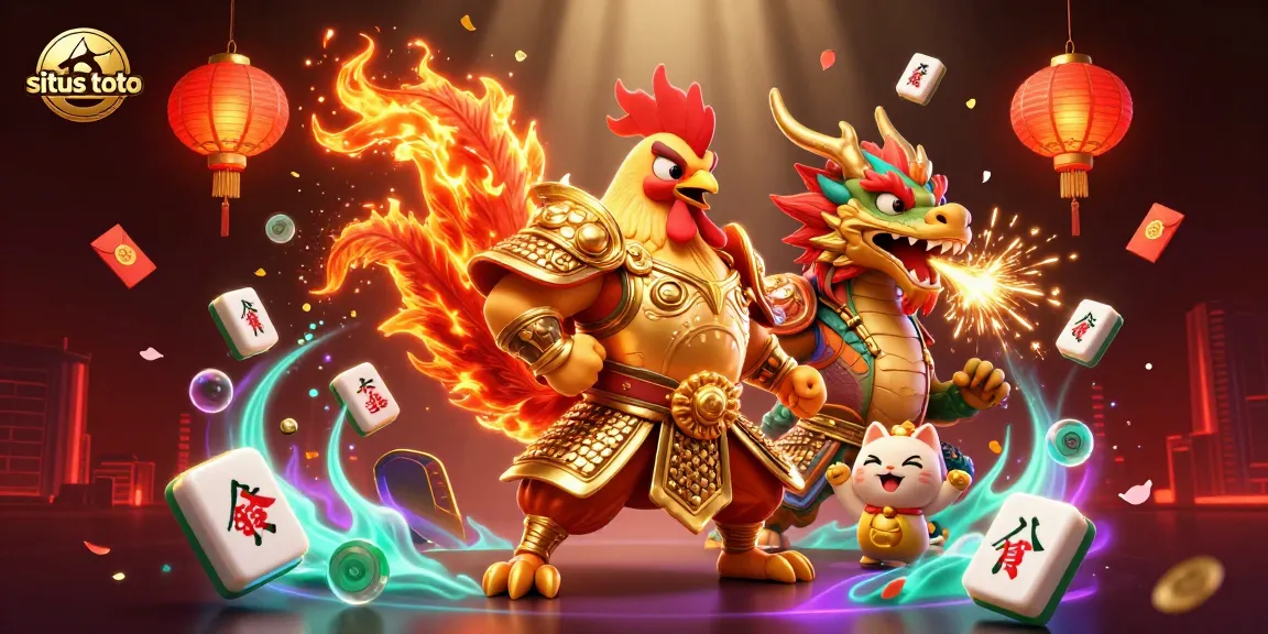 Menggandakan keberuntungan Anda di situs toto dengan ilustrasi adu ayam dan naga, dikelilingi simbol keberuntungan.