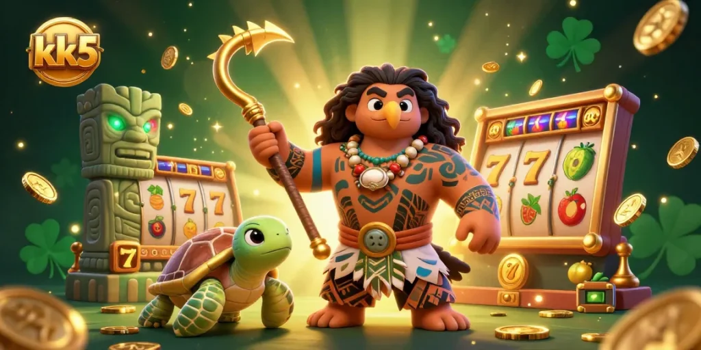 Spin slots with kk5's colorful 3D cartoon adventure featuring a demigod and his turtle sidekick.