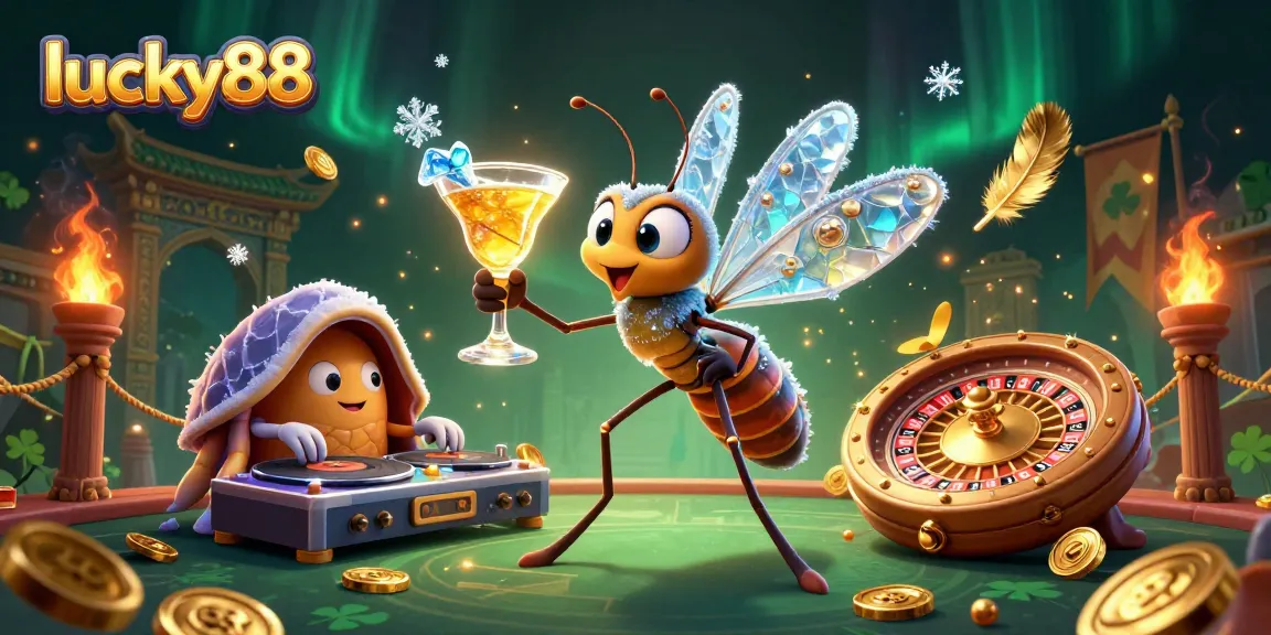Lucky88 showcases an exciting 3D scene with a mosquito casino mascot, trilobite DJ, and a roulette wheel.