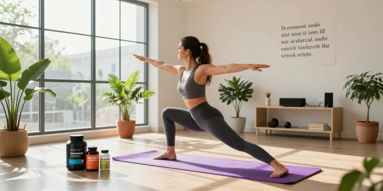 Woman practicing yoga in a modern gym surrounded by peptide products and vibrant plants.