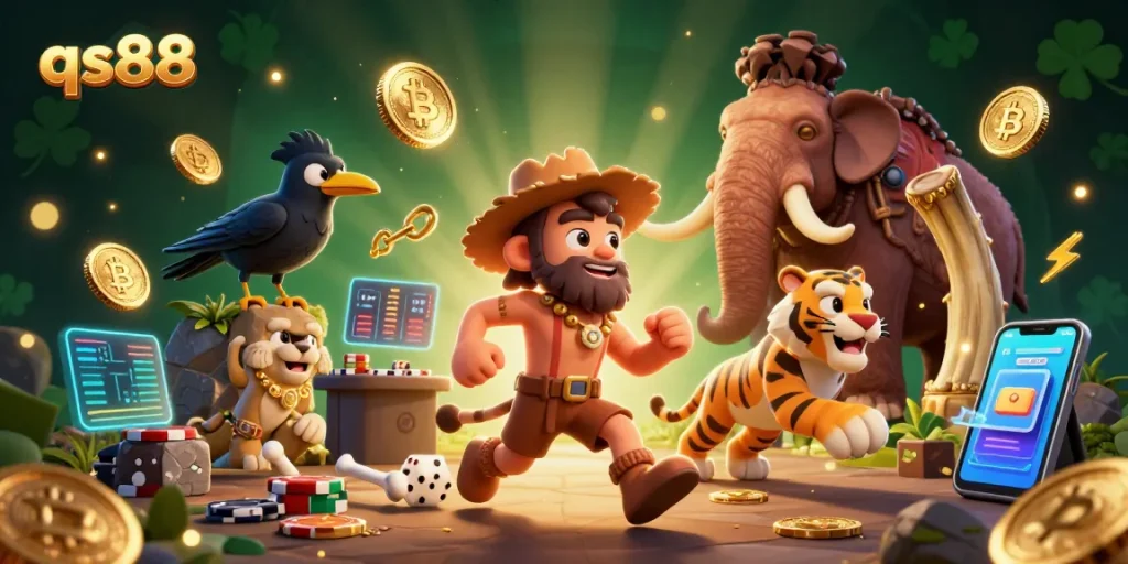 Engage in thrilling gameplay at qs88 with a 3D illustrated prehistoric casino scene featuring unique characters and crypto elements.