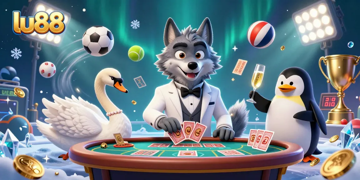 Play exciting games at LU88, featuring a debonair wolf and an elegant swan in a vibrant casino scene.