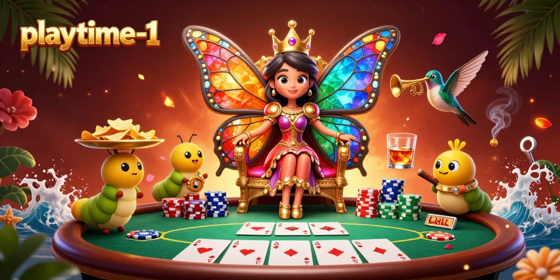 Join the excitement at playtime-1, featuring a vibrant casino scene with iconic poker elements and enchanting characters.