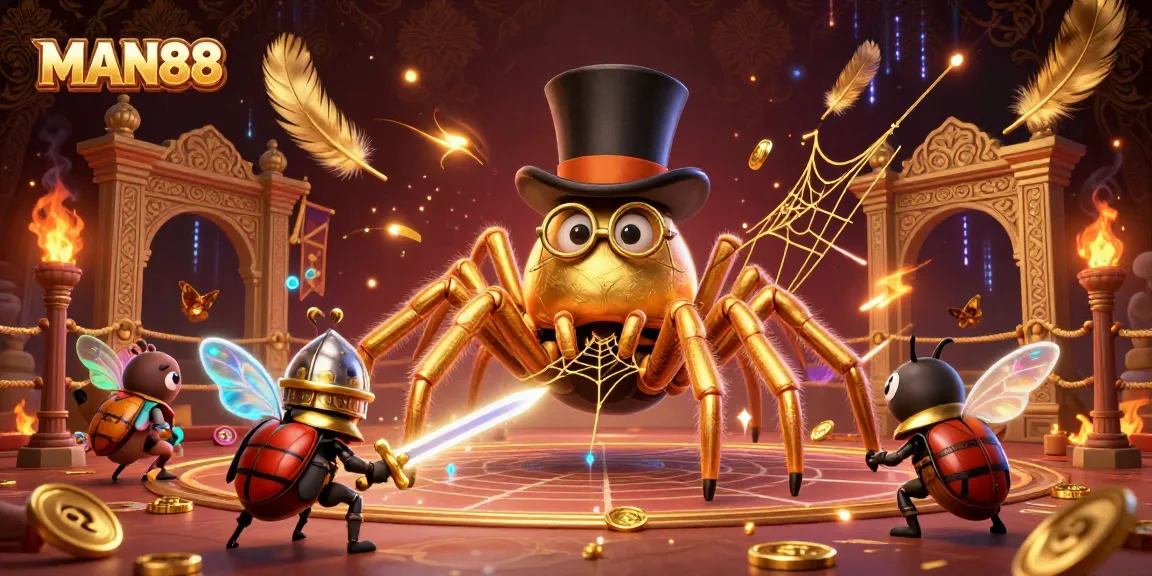 Experience the vibrant thrill of MAN88 with a dynamic 3D illustration featuring gambling characters and casino elements.