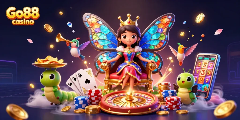 Experience the excitement of Go88 casino with a vibrant 3D illustration depicting gaming elements and characters.