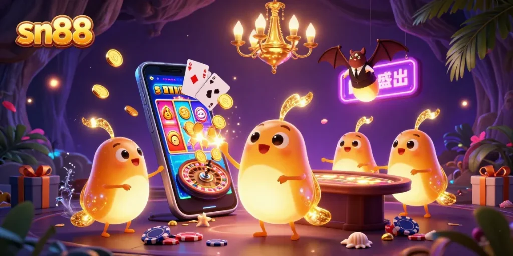 Play slots at sn88 with glowworms lighting up the casino atmosphere, showcasing games and excitement.