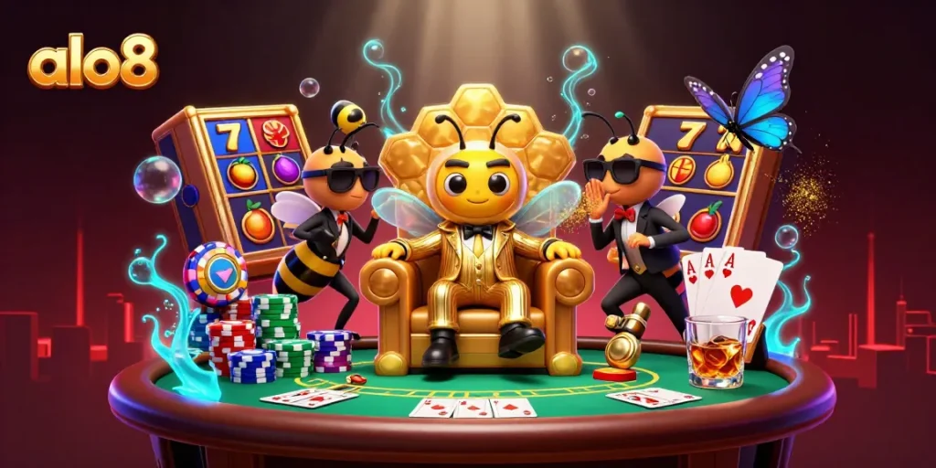 Engage with the vibrant world of alo8 as a bumblebee mob boss commands the casino with golden slot machines and poker excitement.