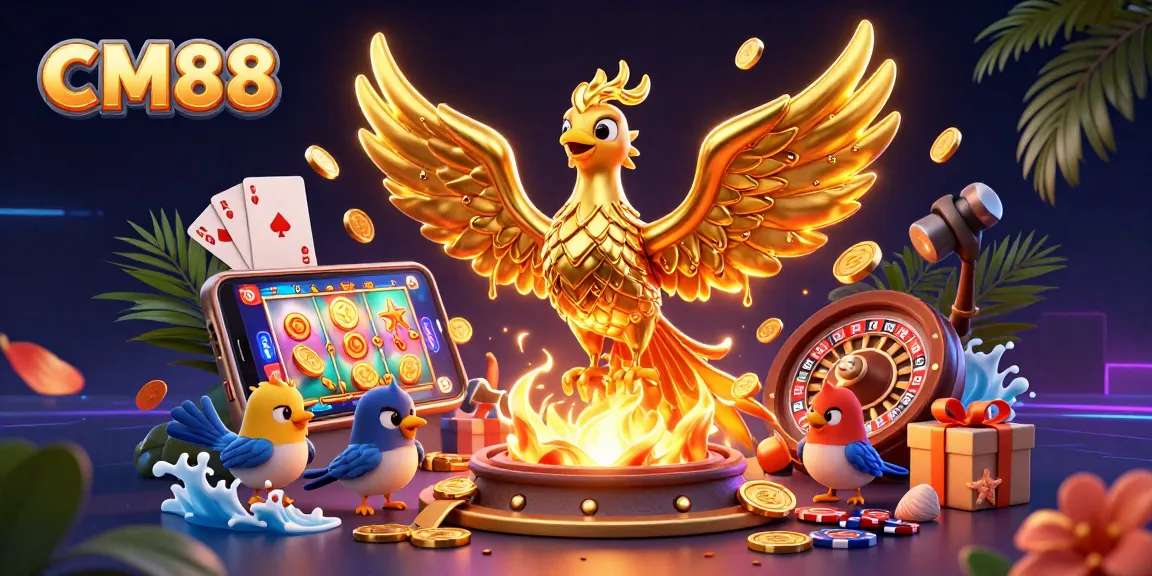 Experience the thrilling world of CM88 with a majestic golden phoenix amidst exciting casino games.