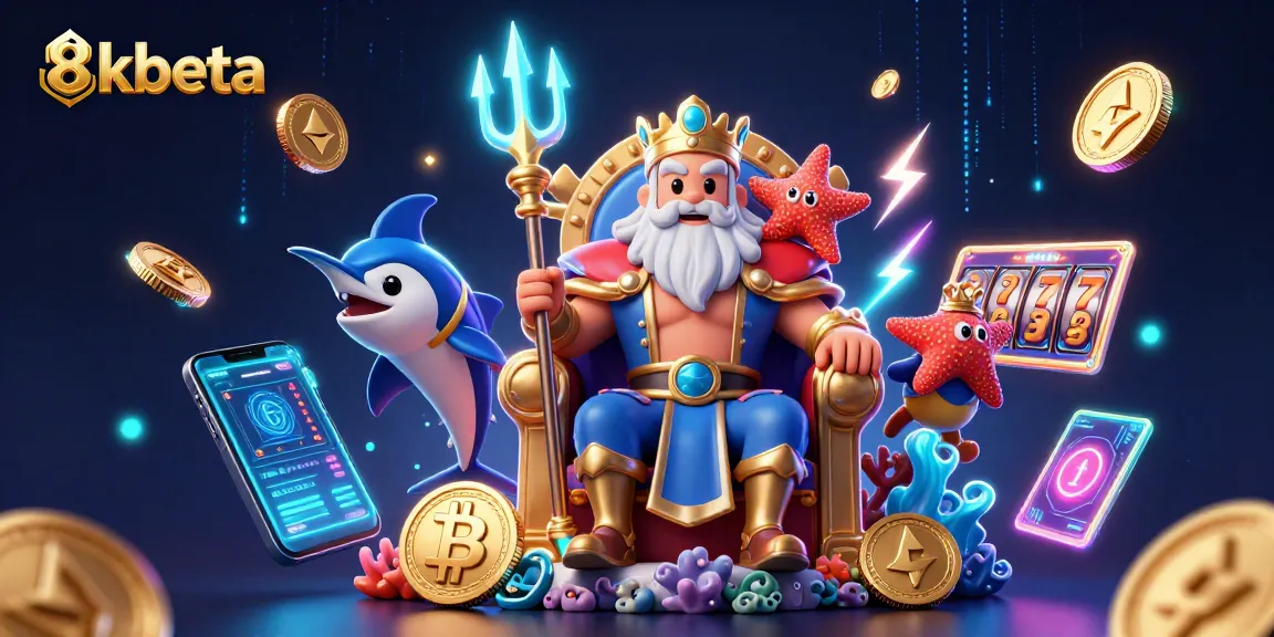 Experience the excitement of 8kbeta with Neptune surrounded by casino riches and glowing crypto elements.