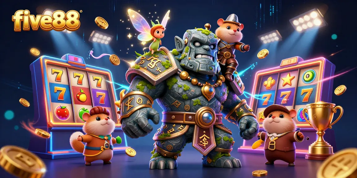 Engage with five88's dynamic slots and magical companions in this vibrant casino illustration.