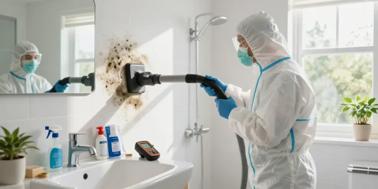 Mold Remediation Vancouver expert removing mold in a clean bathroom with professional tools and sunlight.