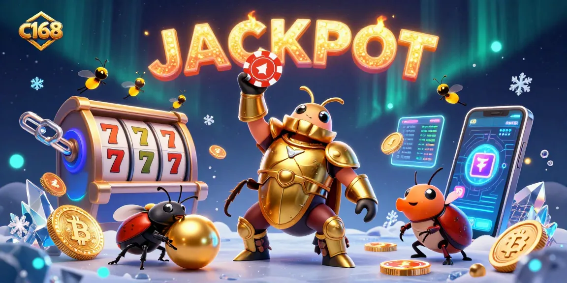 Experience thrilling wins at c168 with a heroic beetle lifting a poker chip amidst dazzling casino elements.