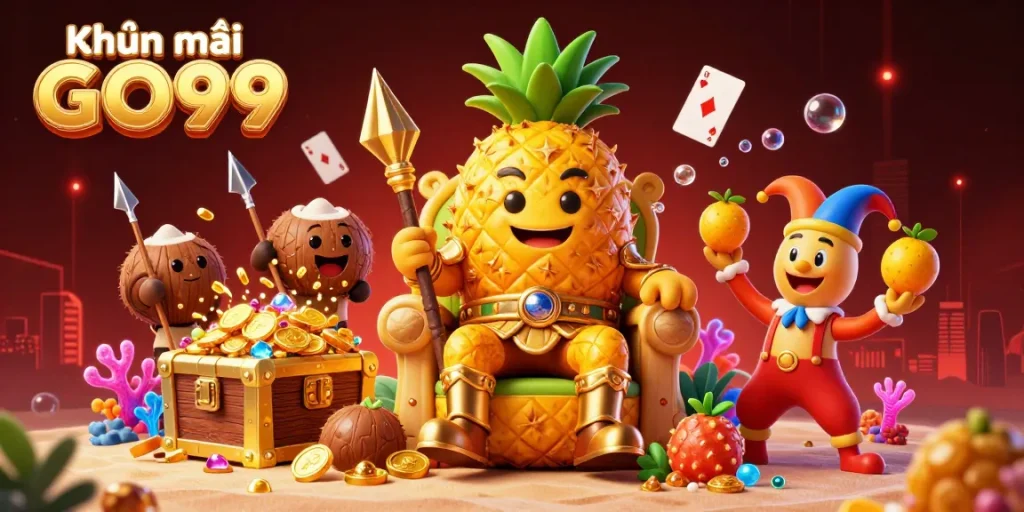 Activate exciting rewards at Khuyến mãi GO99 with this vibrant beach casino scene featuring a pineapple king!