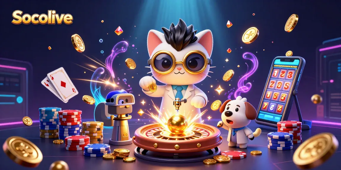 Socolive showcases an immersive 3D illustration of a mad scientist cat and assistant enjoying a vibrant gaming world filled with gold coins and vibrant casino elements.