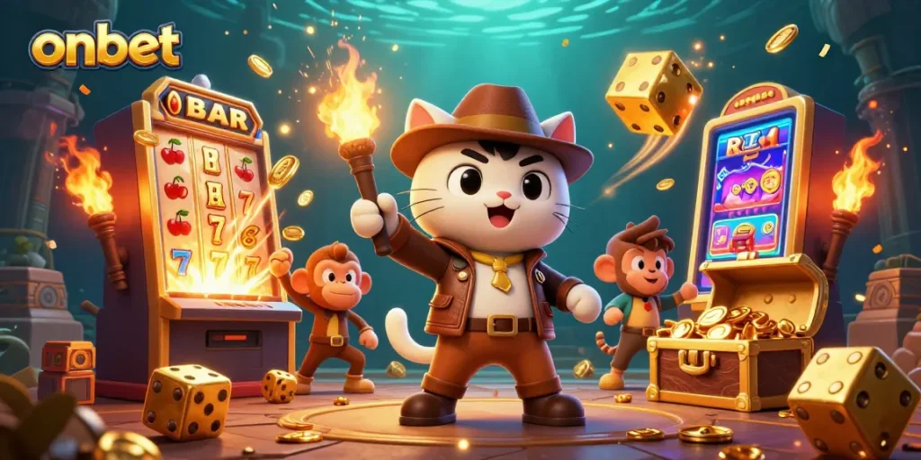 Bet at onbet with a stunning treasure hunt scene featuring dynamic casino elements.