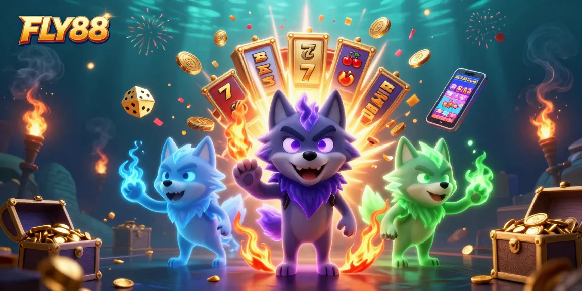 Experience thrilling gaming action with FLY88's vibrant slot and casino elements in this 3D illustration.