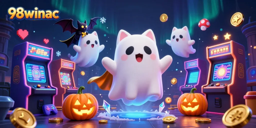 Experience thrilling gaming with 98winac's lively casino ghost cat and glowing elements.