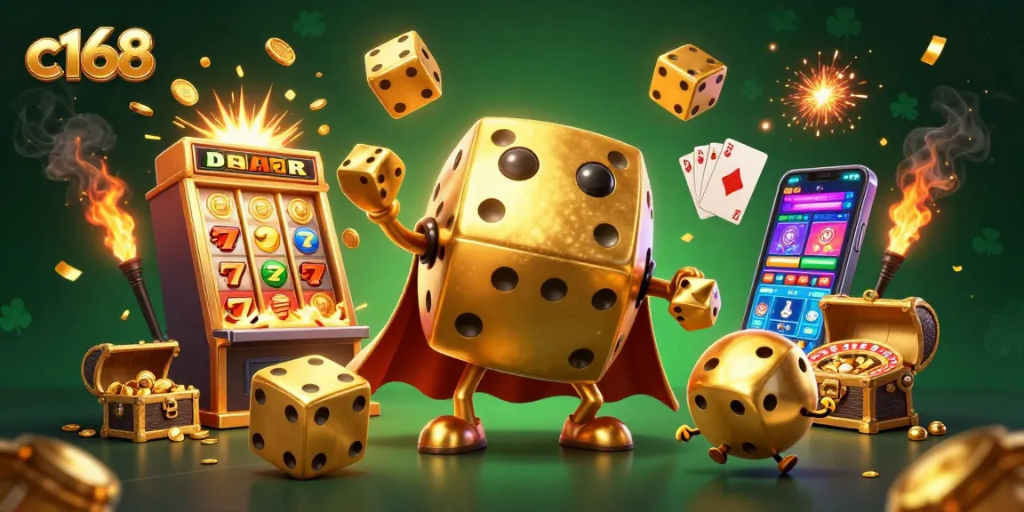 Experience the thrilling action of c168 with golden dice and flying jackpot elements in this dynamic casino scene.