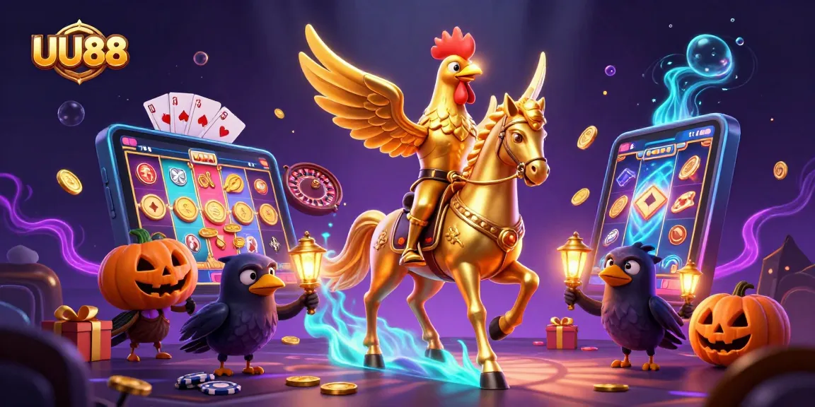 Engage with UU88, featuring a golden rooster in a casino scene bursting with colorful gaming elements.