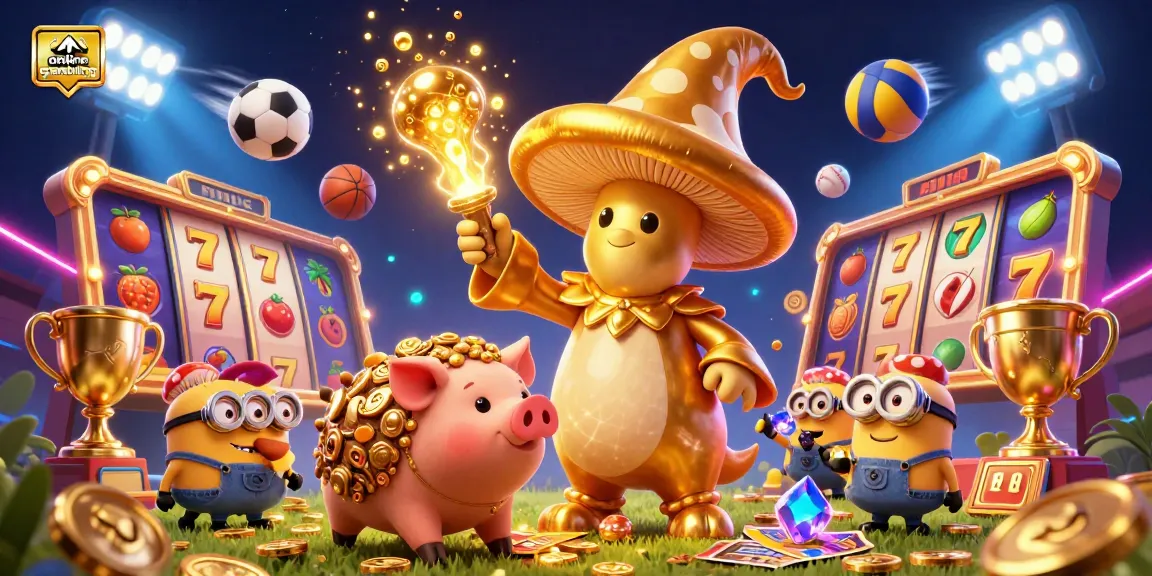 Engage in online gambling with vibrant slots and dynamic sports elements in a magical casino scene.