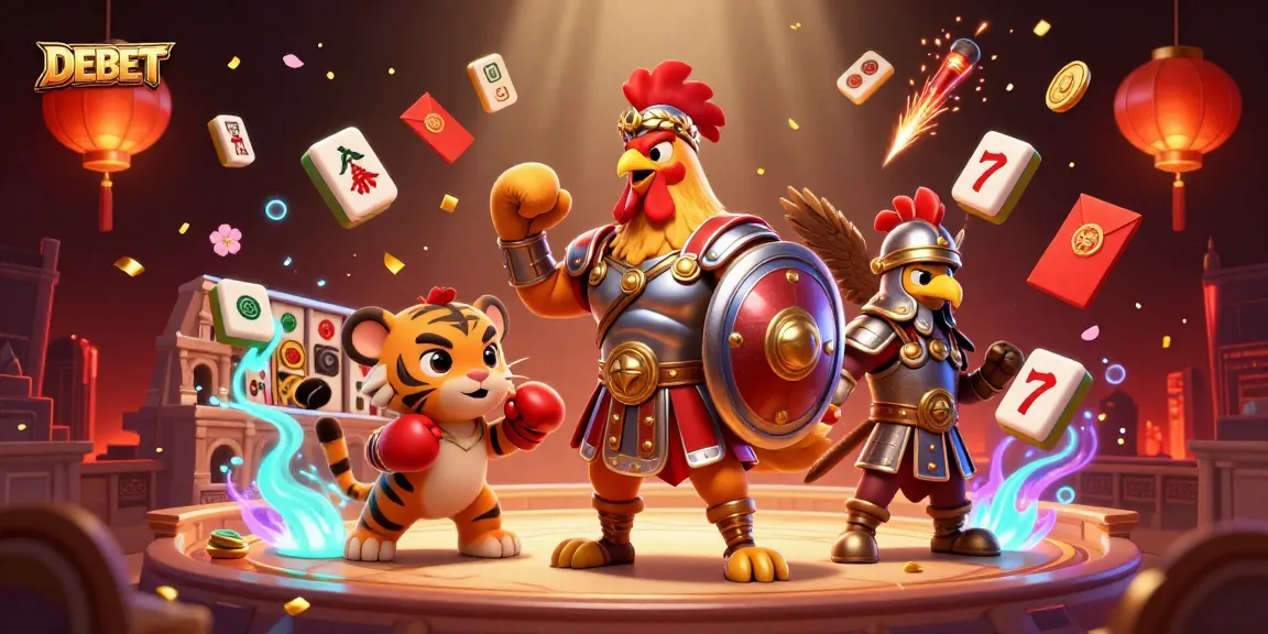 Engage with DEBET's thrilling casino scene featuring a gladiator rooster, gambling symbols, and vibrant visuals