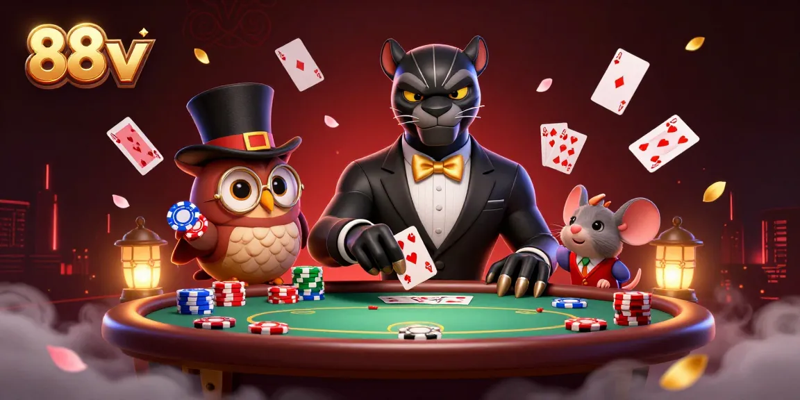 Engage with exhilarating gameplay at 88vv as a stylish panther deals cards, surrounded by vibrant poker elements.