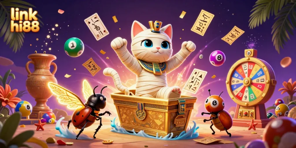 Win big with link hi88 in a vibrant casino illustration featuring classic gambling elements and captivating characters.