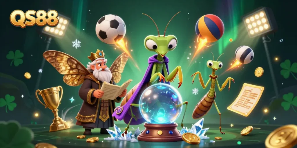 Experience the thrill of QS88 with a vibrant 3D gambling scene featuring fortune tellers and exciting betting elements.