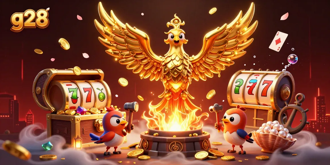 Experience g28's thrilling gaming atmosphere with golden phoenix and vibrant slot elements.