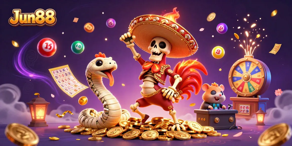 Jun88 players enjoying a vibrant casino atmosphere with colorful lottery elements and lively characters.