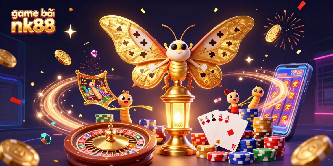 Play exciting game bài nk88 in a vibrant 3D digital casino scene featuring a colorful moth and festive elements.