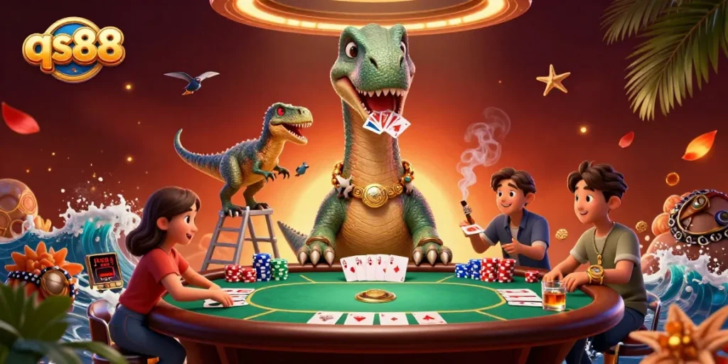Engage in thrilling poker action with qs88's animated brontosaurus and clever raptor.