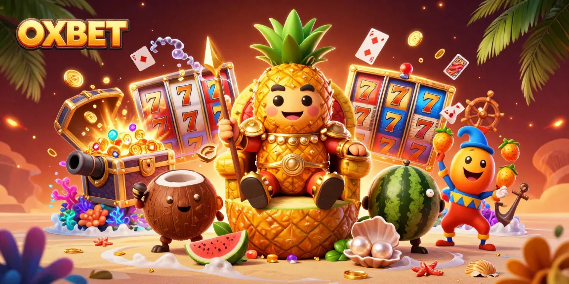Bet on OXBET with this vibrant 3D illustration featuring a pineapple king and dynamic casino elements.