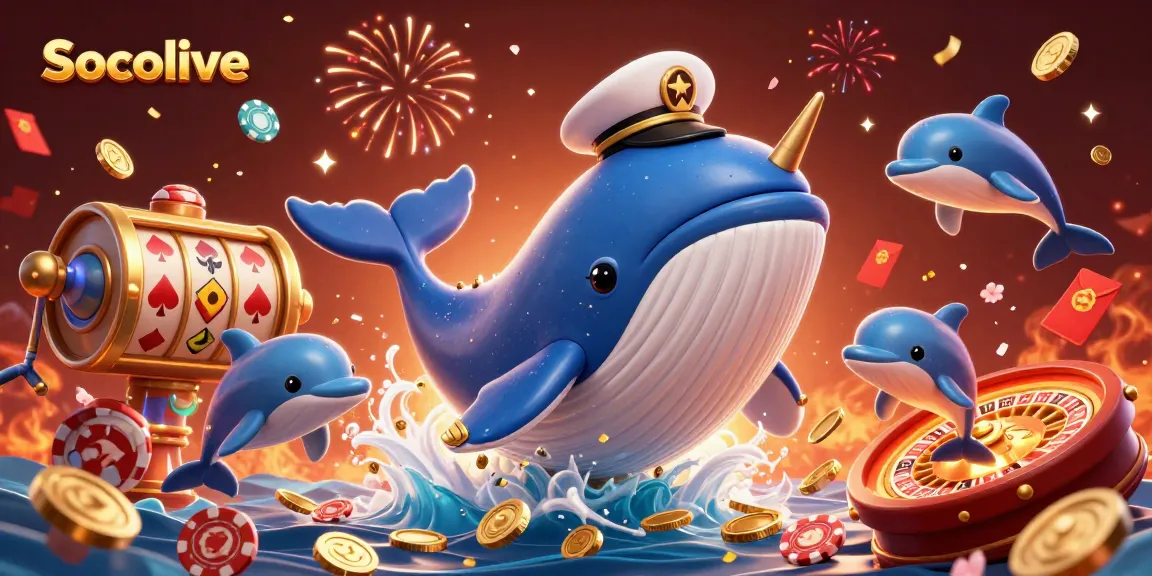 Socolive captures the excitement of betting with playful dolphins, whales, and vibrant casino elements.