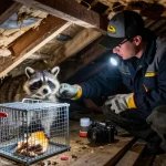 Raccoon Removal Toronto expert assessing attic signs of infestation with safety gear and tools.