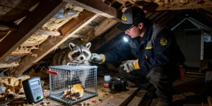 Raccoon Removal Toronto expert assessing attic signs of infestation with safety gear and tools.