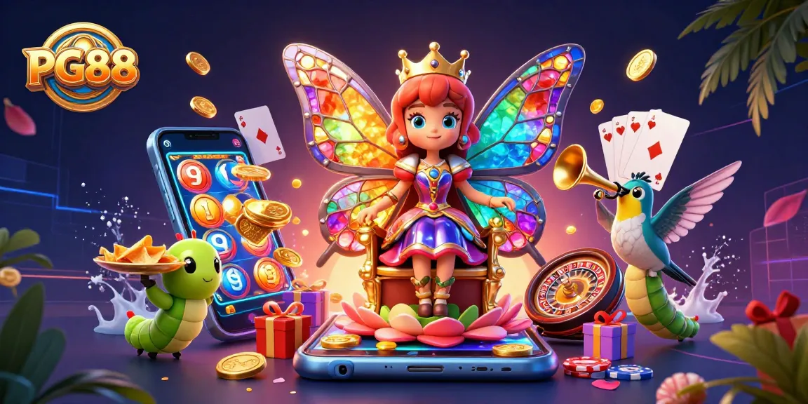 Spin the reels with PG88: A vibrant, magical casino scene filled with colorful elements and fortune.