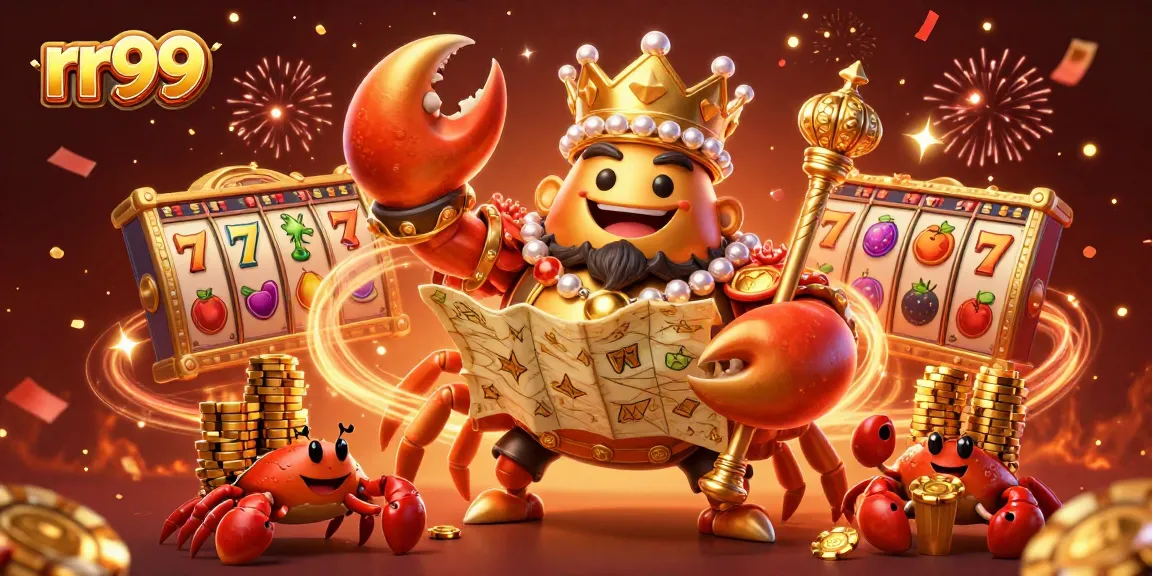 Experience excitement at rr99 with a golden crab emperor promoting thrilling slot games!