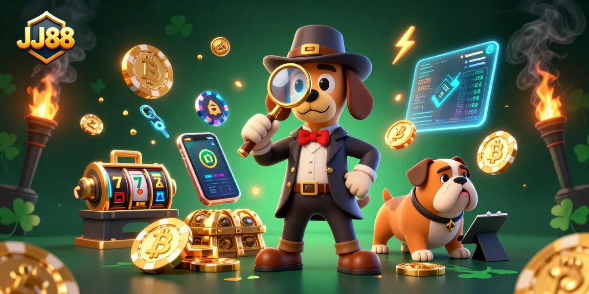 Win big like JJ88 in a vibrant casino scene featuring a detective bloodhound and gold poker chips.