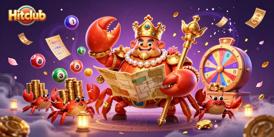 Hitclub features a golden crab emperor among vibrant lottery elements, captivating gamers with excitement.