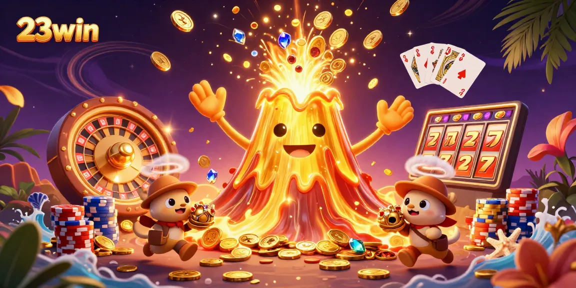 23win captures thrilling casino excitement with a victorious volcano, treasure, and vibrant gaming elements.