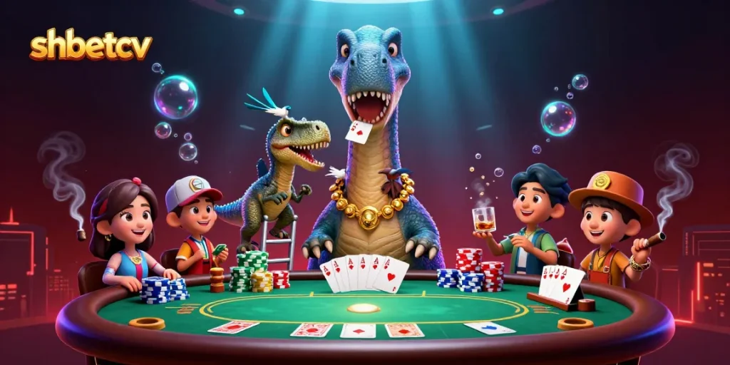 Join the fun at shbetcv where a dinosaur interacts with poker in a vibrant casino setting.