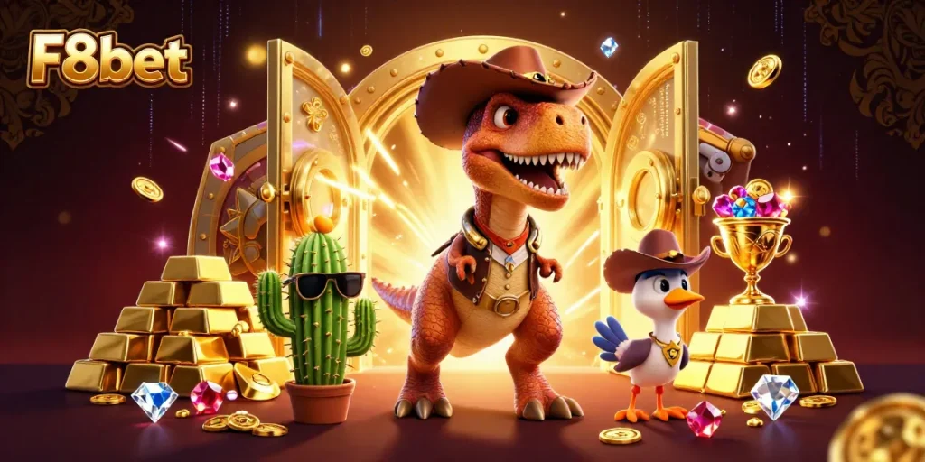 Experience thrilling gameplay at F8bet with 3D cartoon characters and vibrant casino elements.
