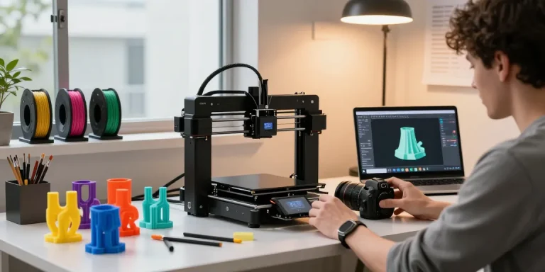 Excited user exploring the best beginner 3D printer, SPARKX i7, in a modern workspace filled with prototypes and tools.