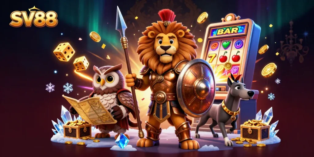 SV88 showcases a vibrant casino scene with a Spartan lion, owl strategist, and greyhound messenger surrounded by slot machines and treasures, emphasizing gambling excitement.
