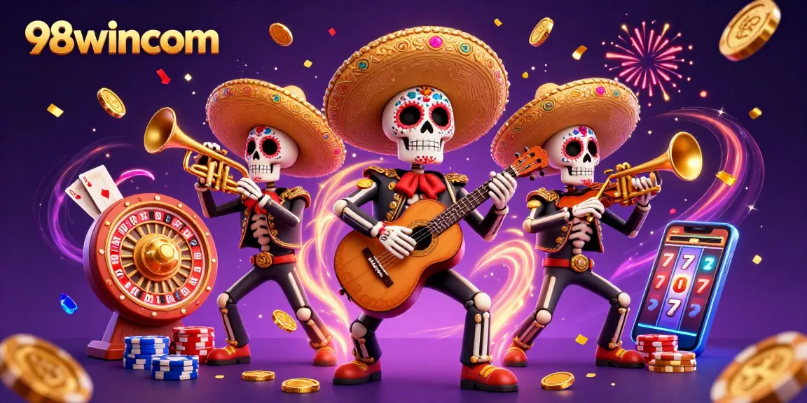Engage with exciting promotions at 98wincom in this vibrant casino-themed illustration.