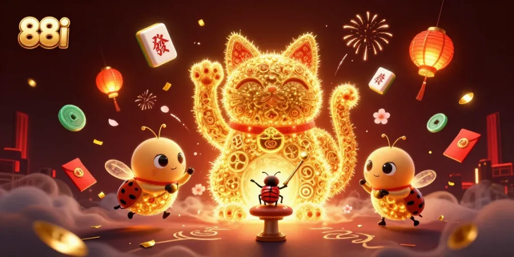 Experience the thrill of winning at 88i with a dynamic scene of a lucky cat and casino symbols.