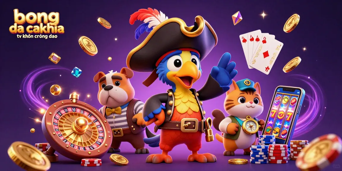 bong da cakhia tv không quảng cáo featuring a 3D cartoon pirate captain with golden coins and dynamic gaming elements.